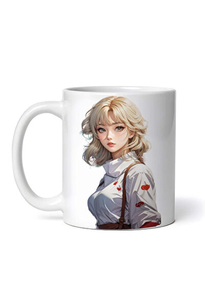 OEM Cană albă personalizată, Fată blondă în cămașă cu bretele, INOVATIX®. 330ml