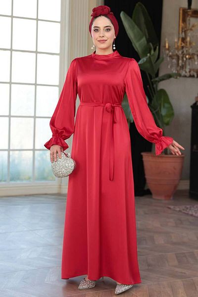 N.S NEVA STYLE Σατέν Κόκκινο Φόρεμα Hijab 62132K