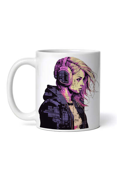 OEM Cană albă personalizată, Fată cu părul bătut de vânt și căști, INOVATIX®....