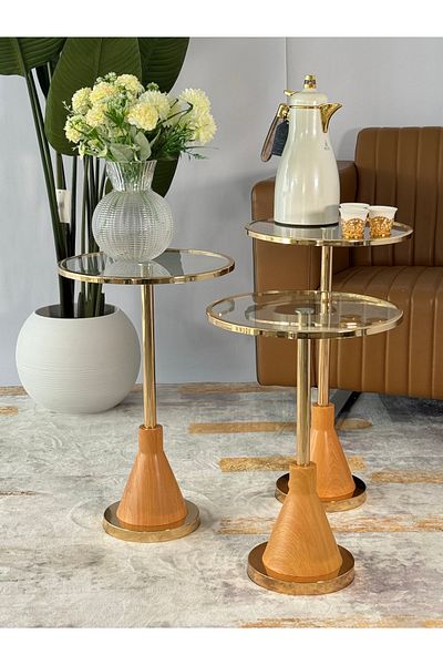 Living 3-piece Glass Service Table Set With Gold/wooden Steel Bases