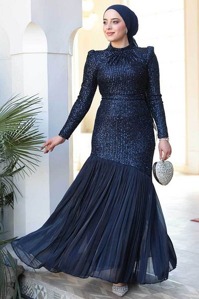 N.S NEVA STYLE Βραδινό φόρεμα με παγιέτες με κέντημα Navy Blue Hijab 52057L