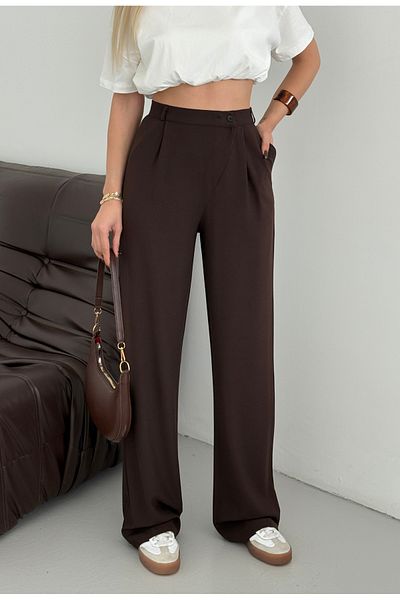 mor butik Παντελόνι Palazzo από ύφασμα καφέ πλισέ