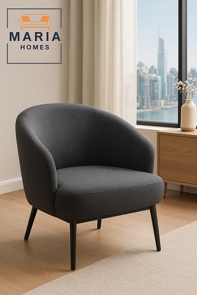 MARIA HOMES Dark Grey Fabric Lounge Chair – Curved Back Armchair with Cushioned Seat and Black Metal Legs