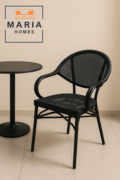 MARIA HOMES Modern Black Mesh Metal Arm Chair – Stackable, Indoor/Outdoor Use, Industrial Design