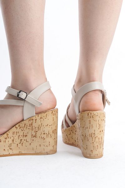 Limeo Four-Stripe High Wooden Look Sole Skin Buckle Summer Women's Wedge Sandals Shoes