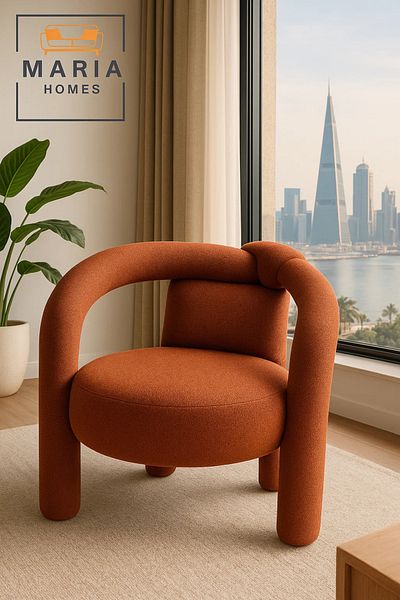 MARIA HOMES Rust Orange Round Accent Chair – Modern Knot Back Armchair with Bold Upholstery and Artistic Design