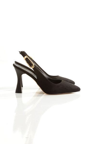 Ayakkabı Podyumum '' Azura'' Black Suede Pointed Toe Back Open Large Buckle 9 cm Goblet Heel New Season