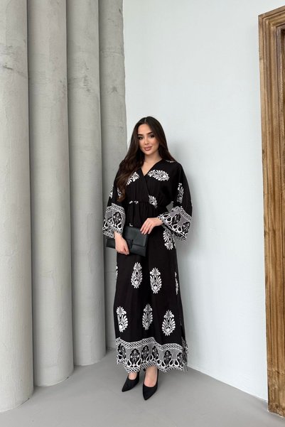 mezqa Authentic Patterned Black and White Long Sleeve Dress