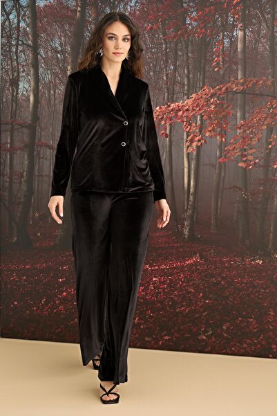 MONAMİSE طقم علوي من المخمل بأكمام طويلة وأزرار أمامية