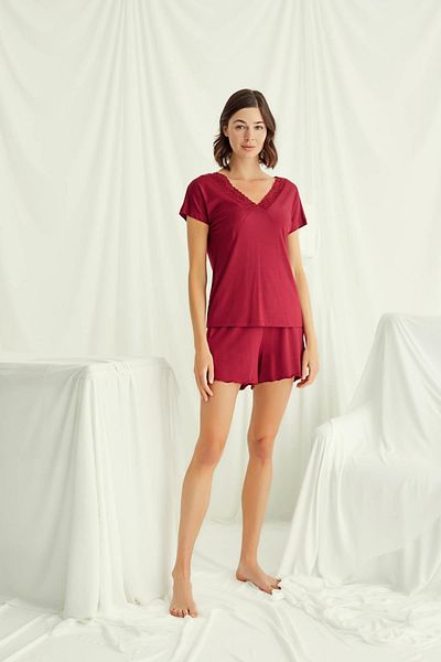 MONAMİSE Short Sleeve Lace V-Neck Shorts Set