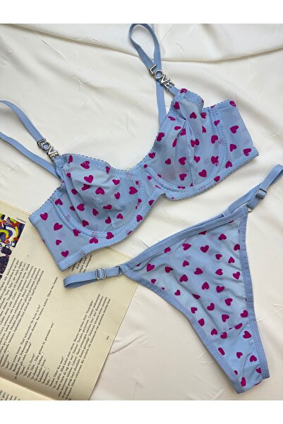 ROZENİN LINGERIE Бюстгальтер без чашок з принтом у вигляді серця та трусики-танга з аксесуарами - комплект нижньої білизни