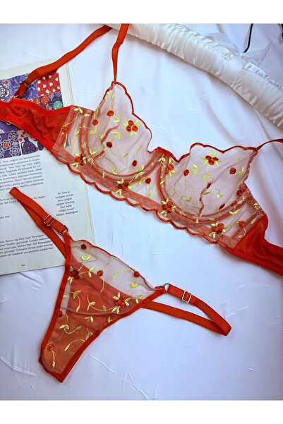ROZENİN LINGERIE Romantik Turuncu Çiçekli Kapsız Bralet Tanga Set