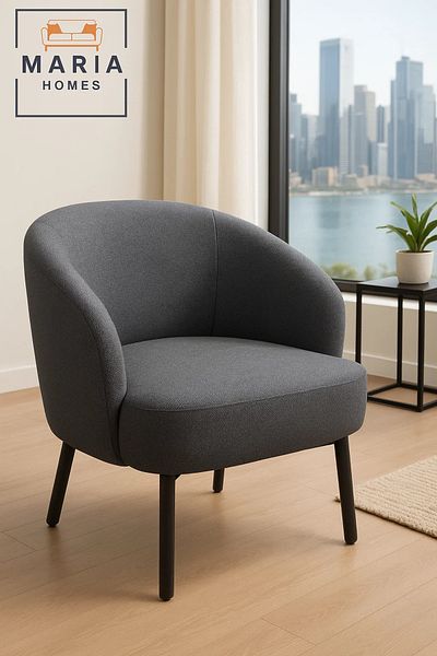 MARIA HOMES Dark Grey Fabric Lounge Chair – Curved Back Armchair with Cushioned Seat and Black Metal Legs