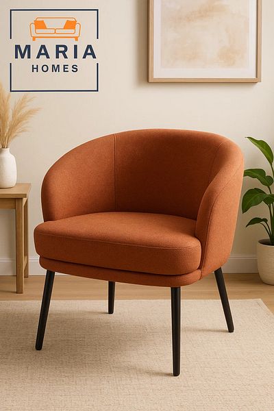 MARIA HOMES Rust Orange Fabric Lounge Chair – Modern Curved Back Armchair with Black Legs for Home or Office