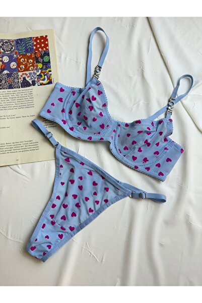 ROZENİN LINGERIE Бюстгальтер без чашок з принтом у вигляді серця та трусики-танга з аксесуарами - комплект нижньої білизни