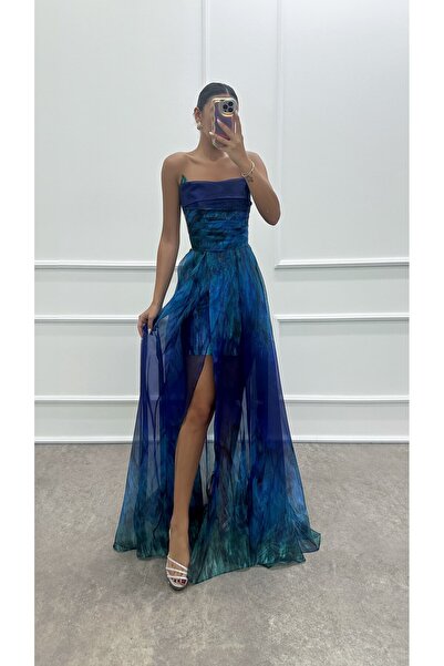 allura Boat Neck Patterned Tulle Long Evening Dress