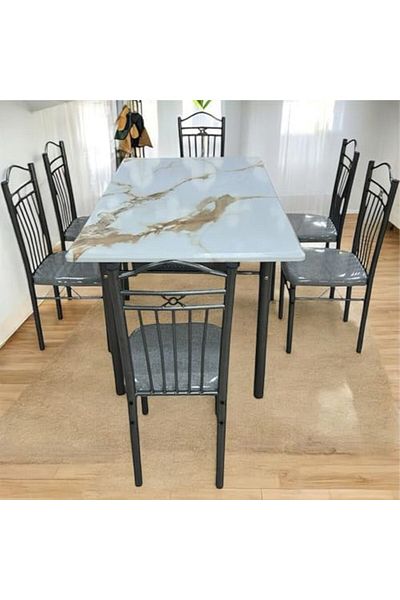 l'elefante 7-Piece Dining Table Set for 6 People – Rectangular Wooden Top Table with 6 Cushioned Chairs – H