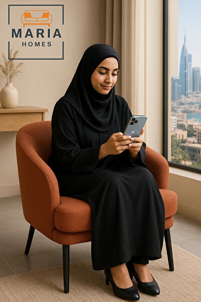 MARIA HOMES Rust Orange Fabric Lounge Chair – Modern Curved Back Armchair with Black Legs for Home or Office