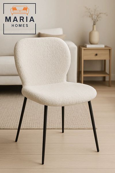 MARIA HOMES Cream Bouclé Fabric Dining Chair – Cozy Curved Seat with Black Metal Legs for Modern Home or Office