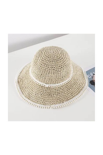 qoop store Pearl Detailled Hand Knitted Straw Hat