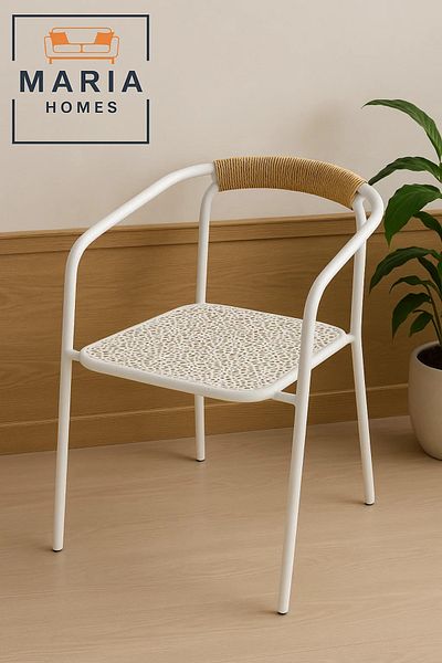 MARIA HOMES Modern White Metal Chair with Rope Backrest Indoor & Outdoor Use Lightweight & Durable Minimalist