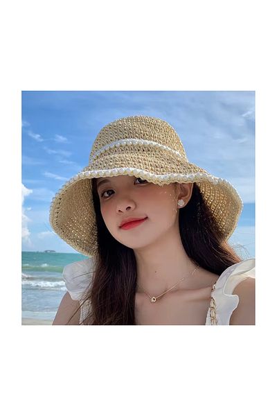 qoop store Pearl Detailled Hand Knitted Straw Hat
