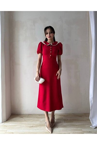 Ahzem Collection Lace Baby Collar Midi Length Dress