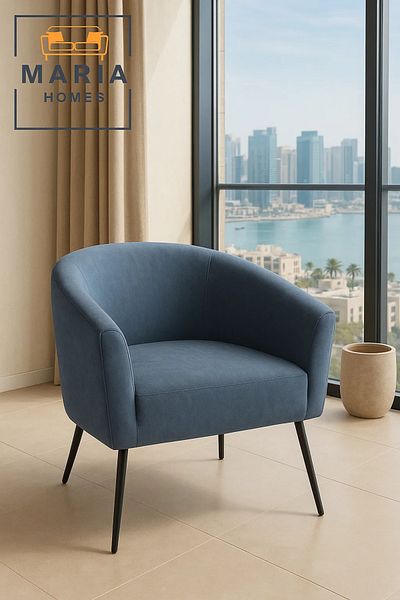 MARIA HOMES Blue Curved Arm Lounge Chair – Upholstered Accent Chair with Black Legs for Home, Office, or Lobby