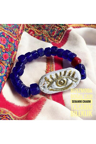bizizmoda Handmade Design Ceramic Eye Gold Evil Eye Bodrum Glass Bead Bracelet