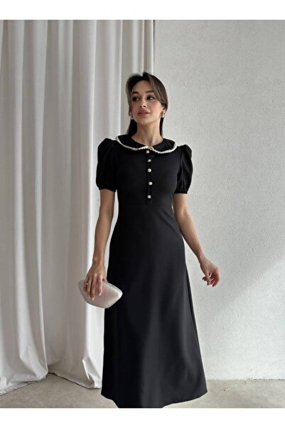 Ahzem Collection Lace Baby Collar Midi Length Dress