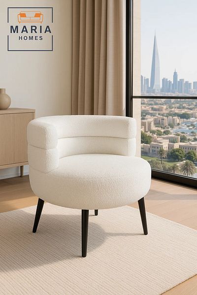 MARIA HOMES Modern White Bouclé Barrel Chair – Round Padded Backrest Armchair for Living Room & Lounge