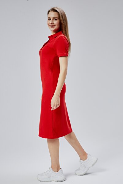 M MOONCOVER Moon Cover Polo Neck Short Sleeve Midi Length Women's Dress 100% Cotton – Red
