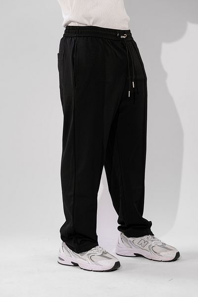 FLFXI Black Straight Leg Pants with Elastic Waist and Tie