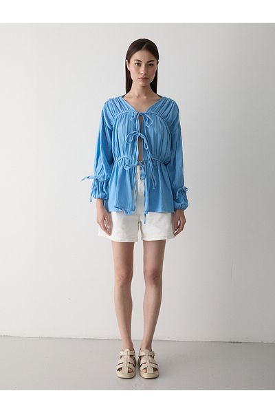 Laluvia Cămașă albastră din muselină elastică cu mâneci 100% bumbac - 5259