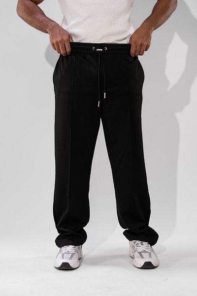 FLFXI Black Straight Leg Pants with Elastic Waist and Tie