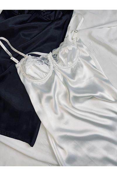 ROZENİN LINGERIE Ecru Satin Adjustable Strap Lace Nightgown (Babydoll)
