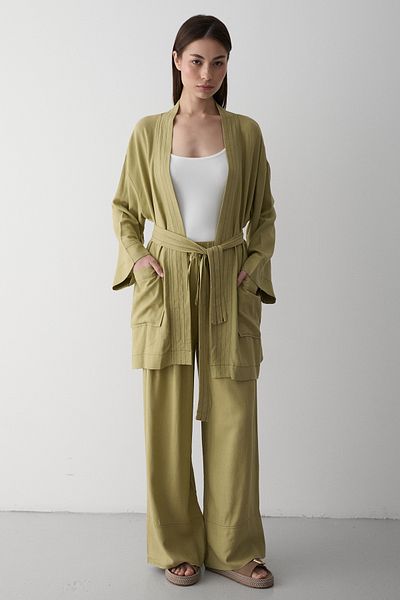 Laluvia Khaki 100% Cotton Belted Kimono Set with Pocket Detail - 8491