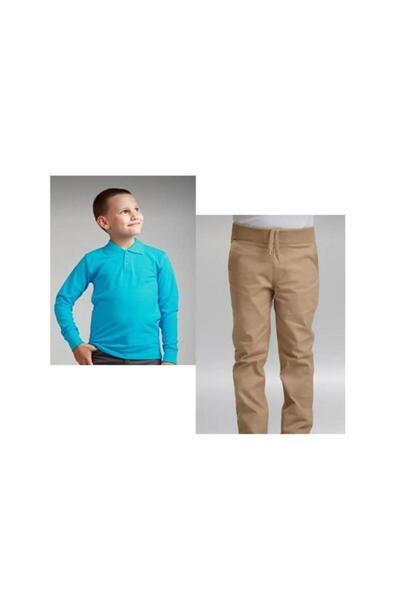BAGİSTA BUTİK Girl-Boy Beige Ribbed Waist Canvas Pants Turquoise Long Sleeve Polo Collar 100% Cotton Lakos
