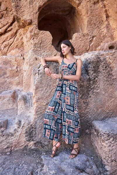 MONAMİSE Monamise 23065 Women's Ethnic Pattern Rope Strap Jumpsuit-Navy Blue