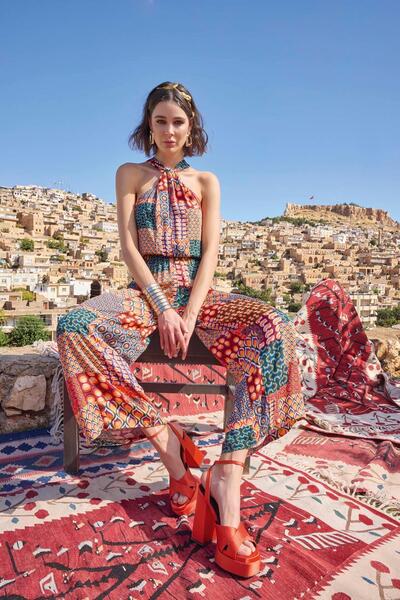 MONAMİSE Monamise Ethnic Patterned Satin Jumpsuit 23006