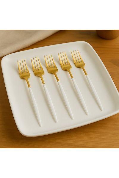 BRE HOME 6Pcs Stainless Steel Gold White Handle Round Mouth Dinner Fork