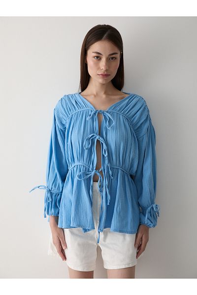 Laluvia Cămașă albastră din muselină elastică cu mâneci 100% bumbac - 5259