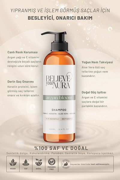 Believe Your Aura Argan Oil Shampoo - Dyed Damaged Dry Hair - Nourishing Repairing Hair Care Shampoo - 400 ml