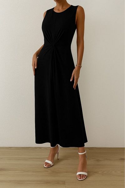 modaserdem Women's Zero Sleeve Crew Neck Side Gathered Viscose Dress