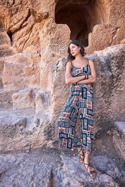 MONAMİSE Monamise 23065 Women's Ethnic Pattern Rope Strap Jumpsuit-Navy Blue