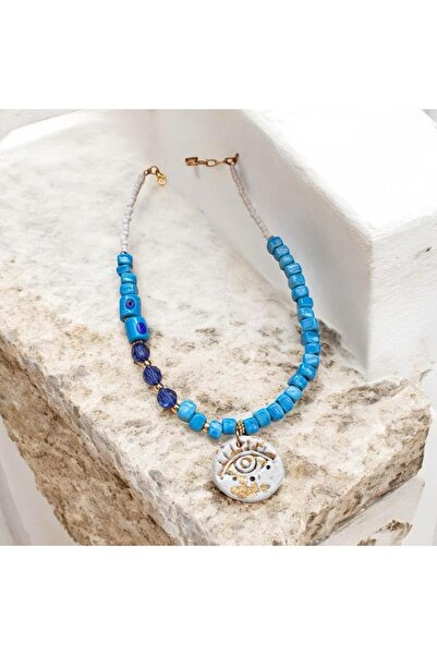 bizizmoda Bodrum Cam Boncuk El Yapımı Seramik Gold Göz Kolye Nazar Boncuk Mavi Yazlık Kolye