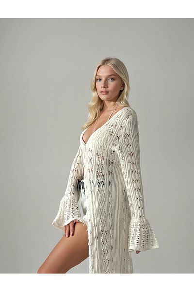 Lusin Women's Ecru Buttoned Openwork Spanish Sleeve Long Knitwear Cardigan