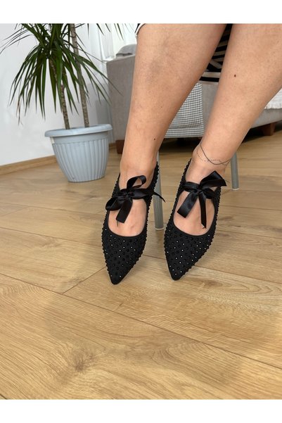 BURCU COLLECTİON Faylinn Black Women's Flat Shoes with Pointed Toe Black Staple Stone Embroidered Bow Detail