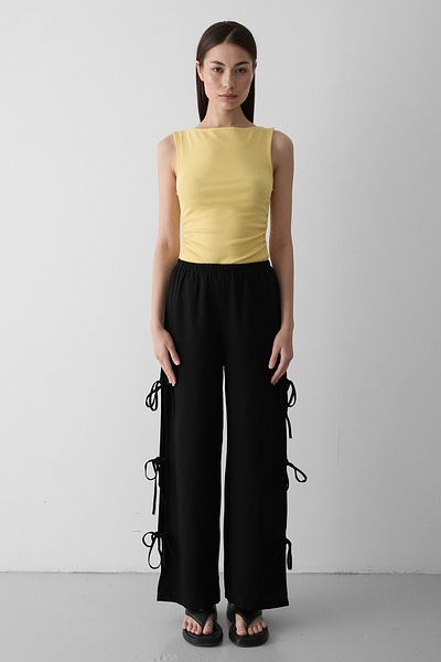 Laluvia Black 100% Cotton Side Slit and Binding Detailed Trousers - 3528