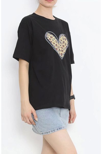 modaserdem Special design leopard heart printed t-shirt for valentine's day - black
